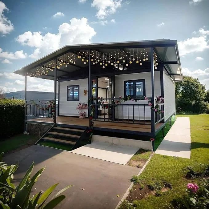 Modern megjelenésű készház verandával, kertben