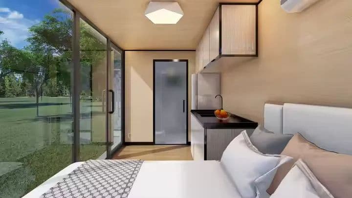 Készház belső tér – hálószoba üvegfallal és kilátással